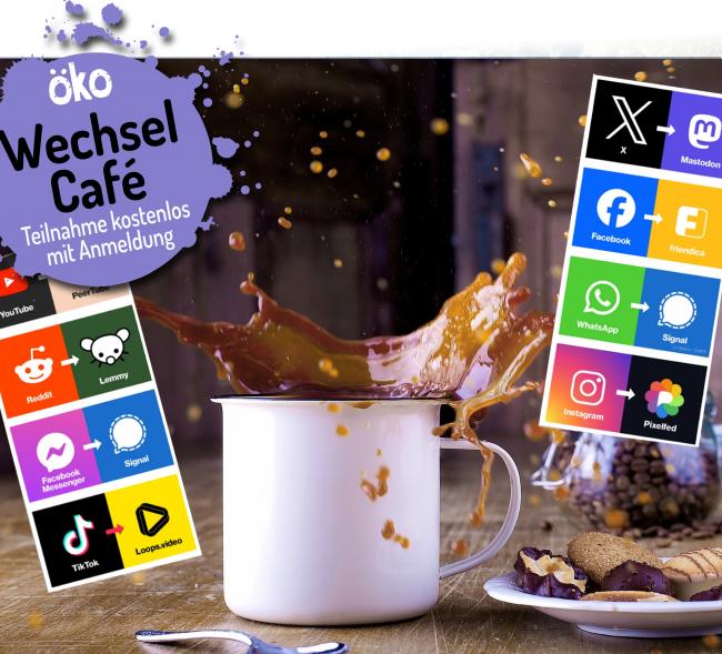 Wechselcafé - Kaffeebecher mit spritzendem Kaffee, Symbole von Internetdiensten.