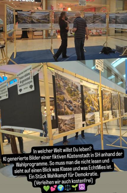 Foto der Ausstellung mit zwei Menschen davor.
